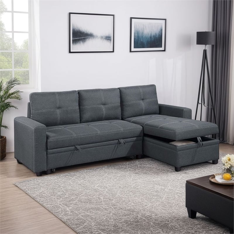 Pemberly Row Sectional Sofa Bed with Reversible Storage Chaise in Dark Gray