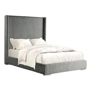 Pemberly Row Twin Bed with Ribbed Wingback Headboard in Gray Fur Chenille