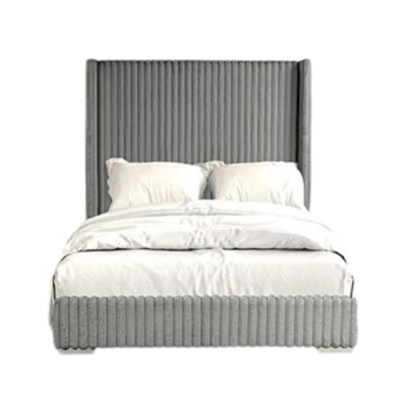 Pemberly Row Twin Bed with Ribbed Wingback Headboard in Gray Fur Chenille