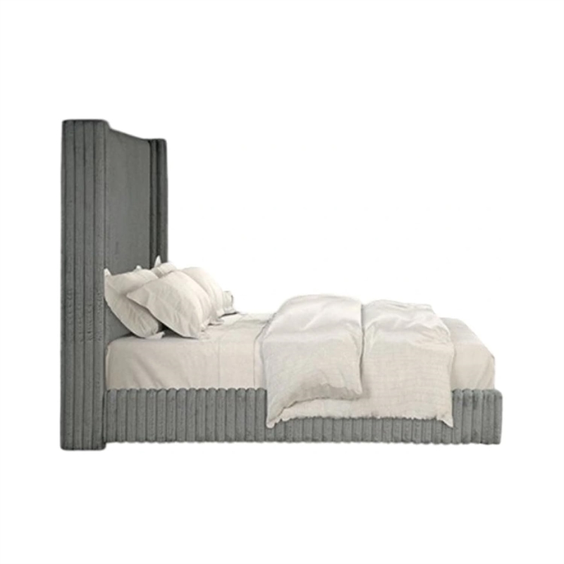 Pemberly Row Twin Bed with Ribbed Wingback Headboard in Gray Fur Chenille