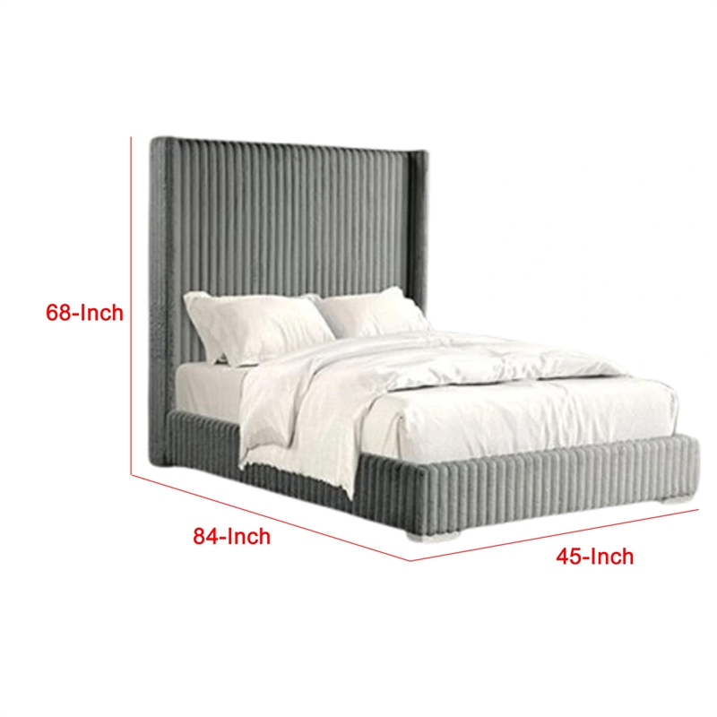 Pemberly Row Twin Bed with Ribbed Wingback Headboard in Gray Fur Chenille