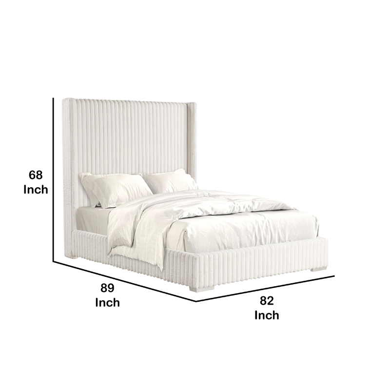 Pemberly Row King Bed with Channel Tufted Wingback in White Fur Chenille