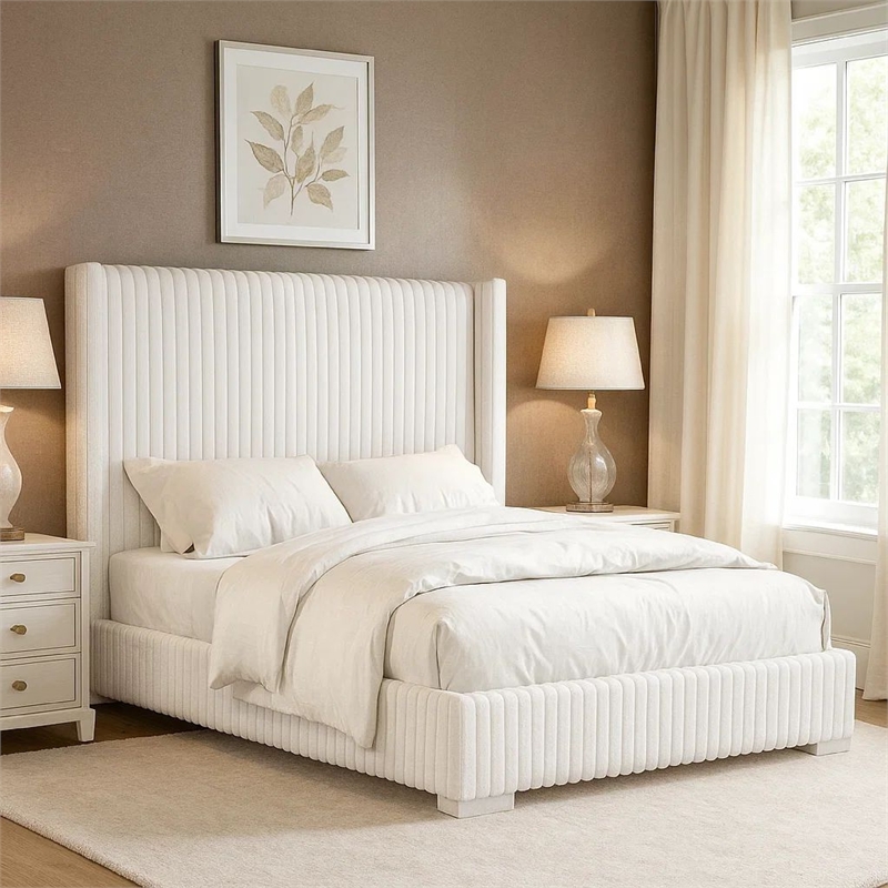 Pemberly Row King Bed with Channel Tufted Wingback in White Fur Chenille
