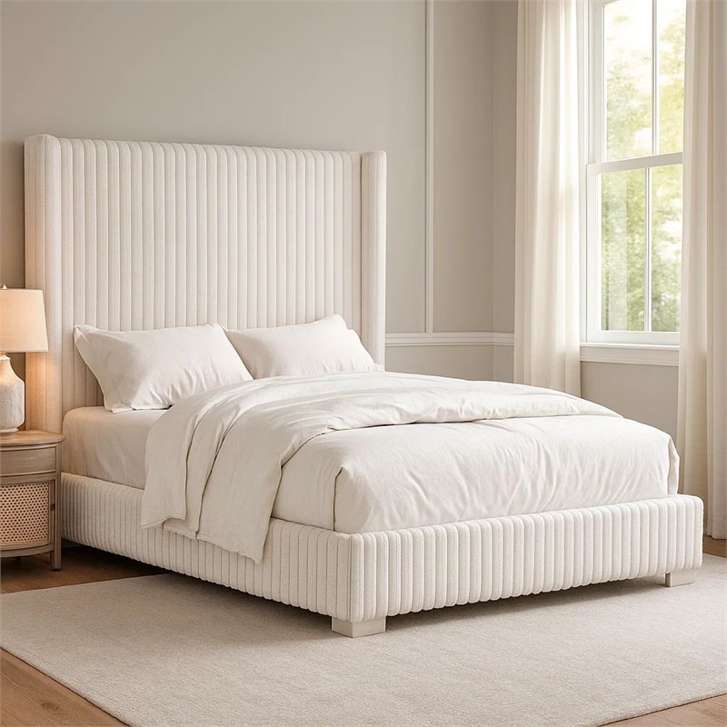 Pemberly Row King Bed with Channel Tufted Wingback in White Fur Chenille