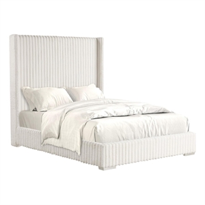 Pemberly Row King Bed with Channel Tufted Wingback in White Fur Chenille