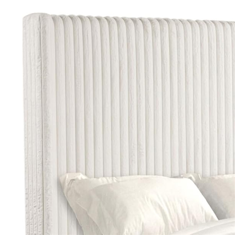 Pemberly Row King Bed with Channel Tufted Wingback in White Fur Chenille