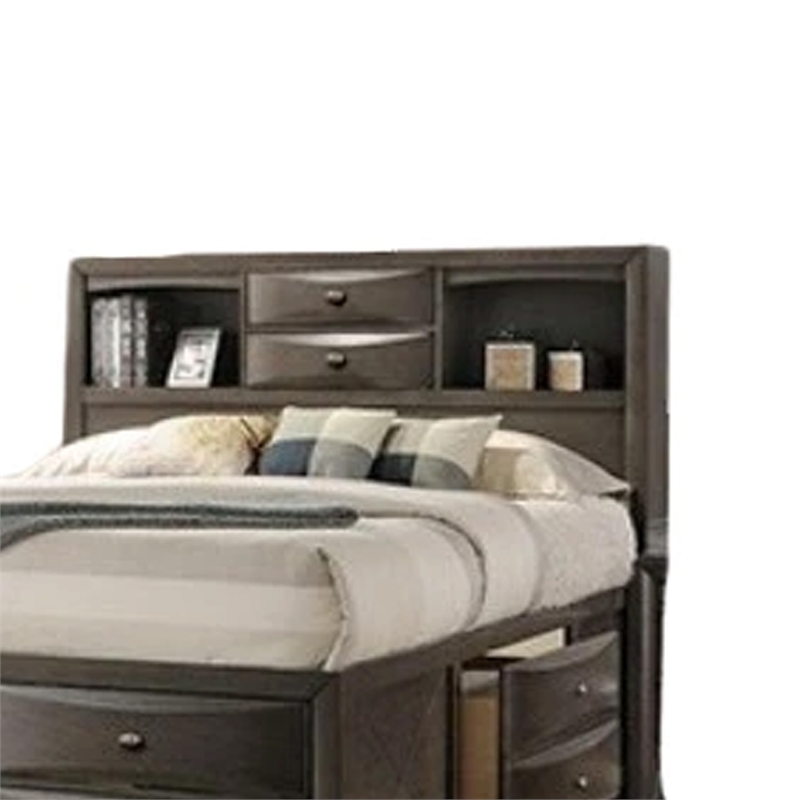 Pemberly Row King Bed with Bookcase Headboard and Storage Drawers in Gray
