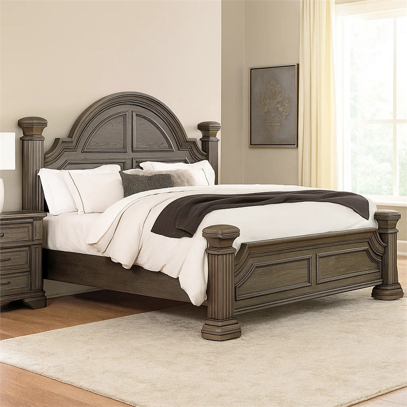 Pemberly Row King Bed with Reeded Posts and Molded Trim in Gray