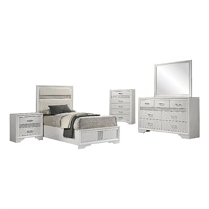 Pemberly Row 5 Piece Twin Bedroom Set with Glitter Accent in White