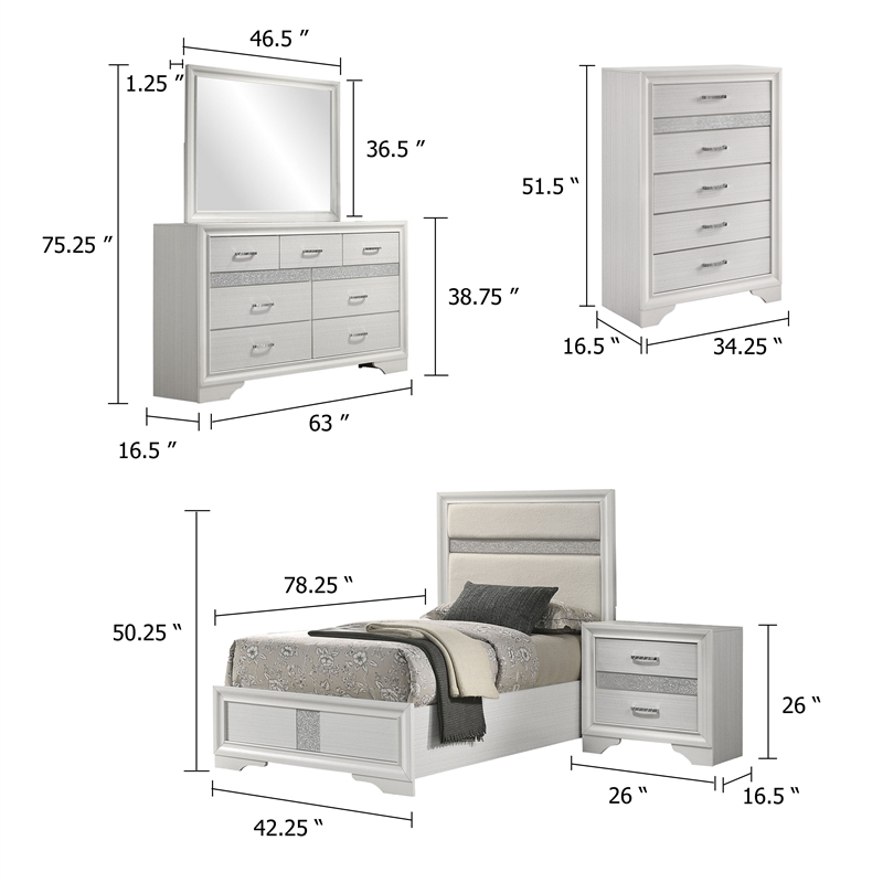 Pemberly Row 5 Piece Twin Bedroom Set with Glitter Accent in White