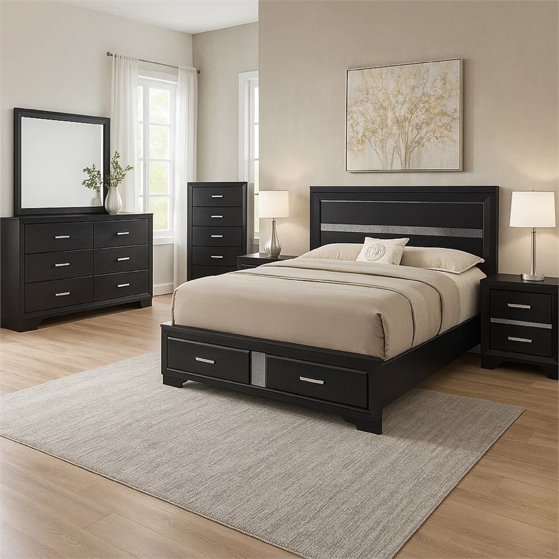 Pemberly Row 5 Piece Queen Bedroom Set with Glitter Accent in Black