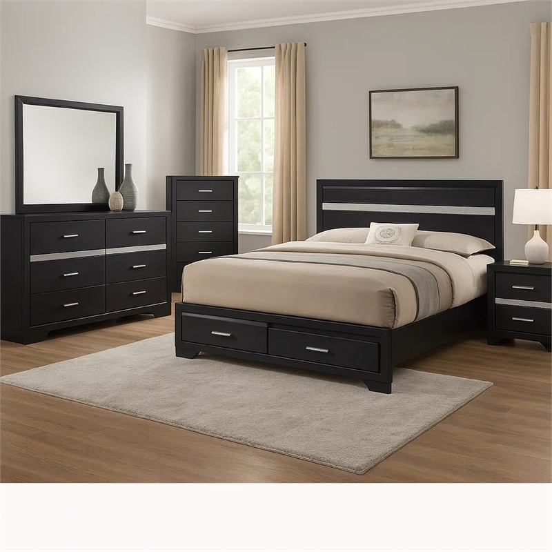 Pemberly Row 5 Piece Queen Bedroom Set with Glitter Accent in Black