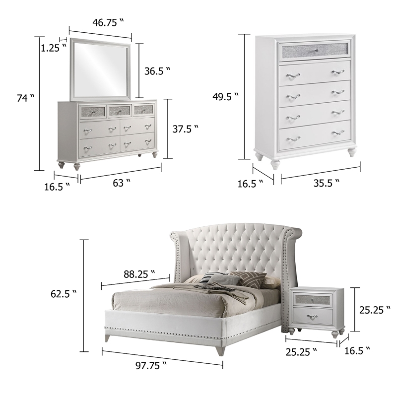 Pemberly Row 5 Piece King Bedroom Set with Tufted Wingback in White
