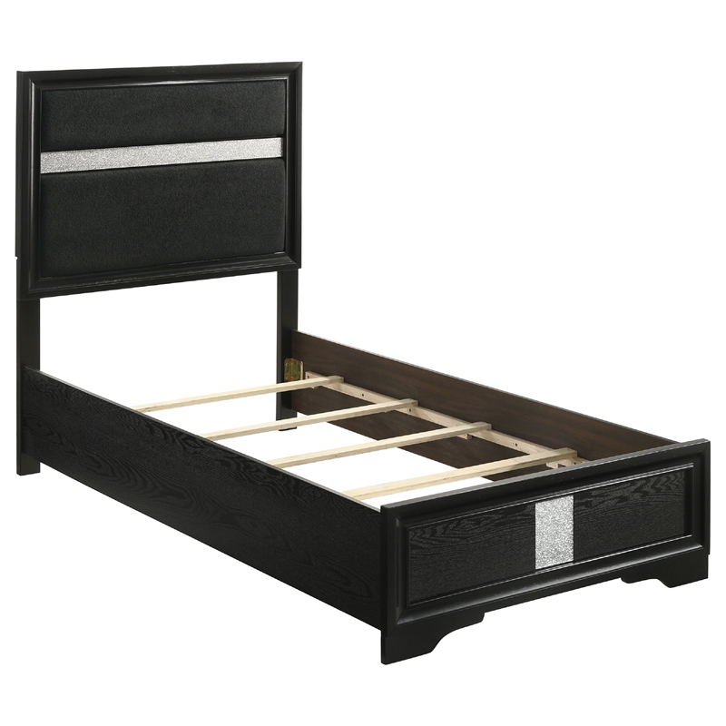 Pemberly Row 5 Piece Twin Bedroom Set with Glitter Accent in Black