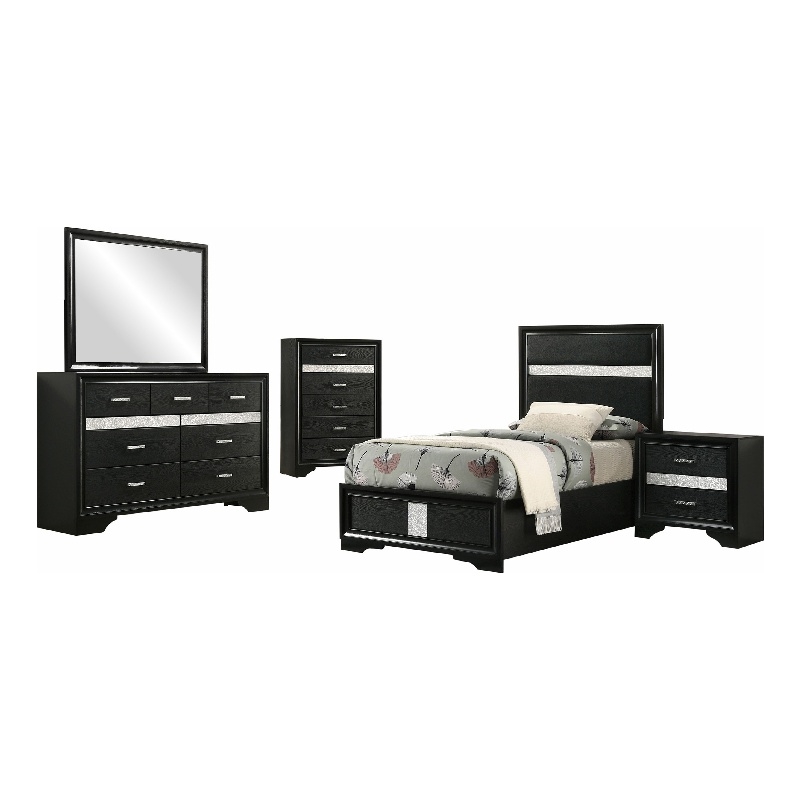 Pemberly Row 5 Piece Twin Bedroom Set with Glitter Accent in Black