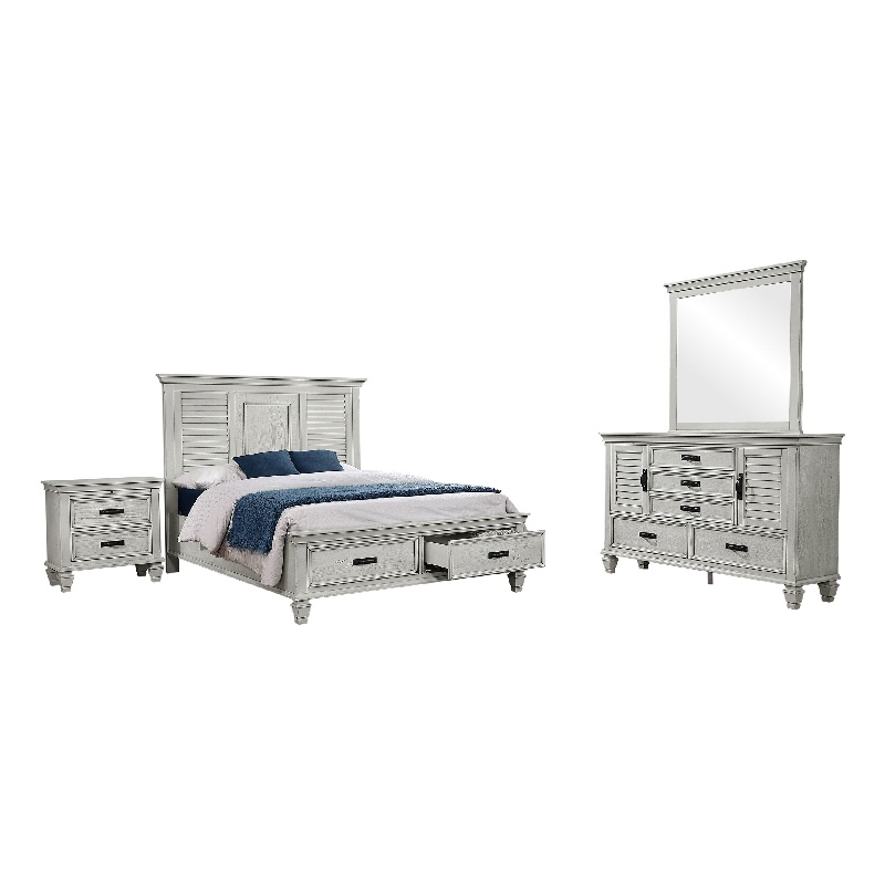 Pemberly Row 4 Piece Queen Storage Panel Bedroom Set in Distressed White
