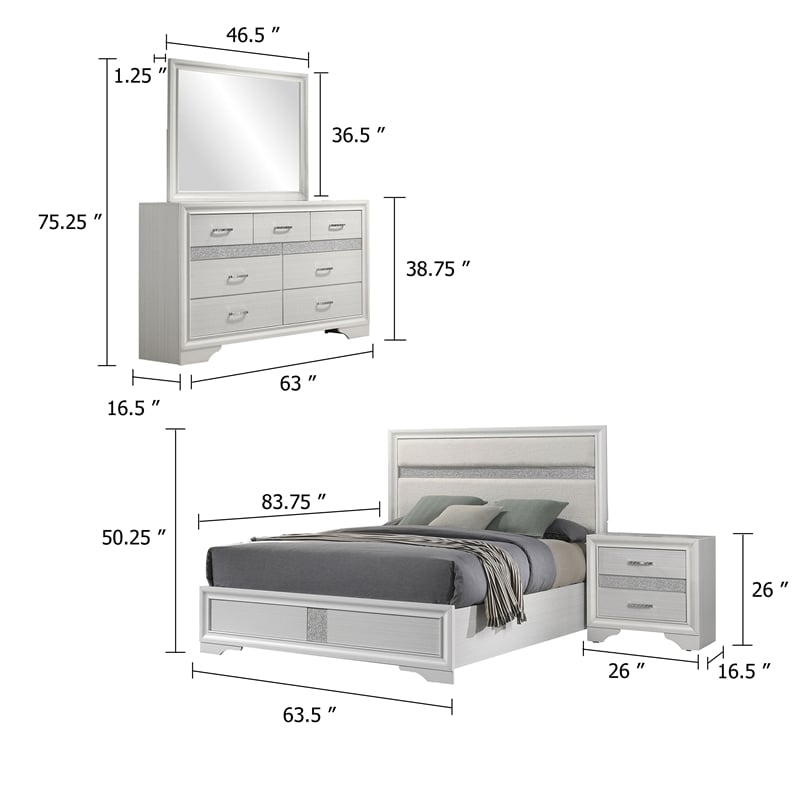 Pemberly Row 4 Piece Queen Bedroom Set with Glitter Accent in White