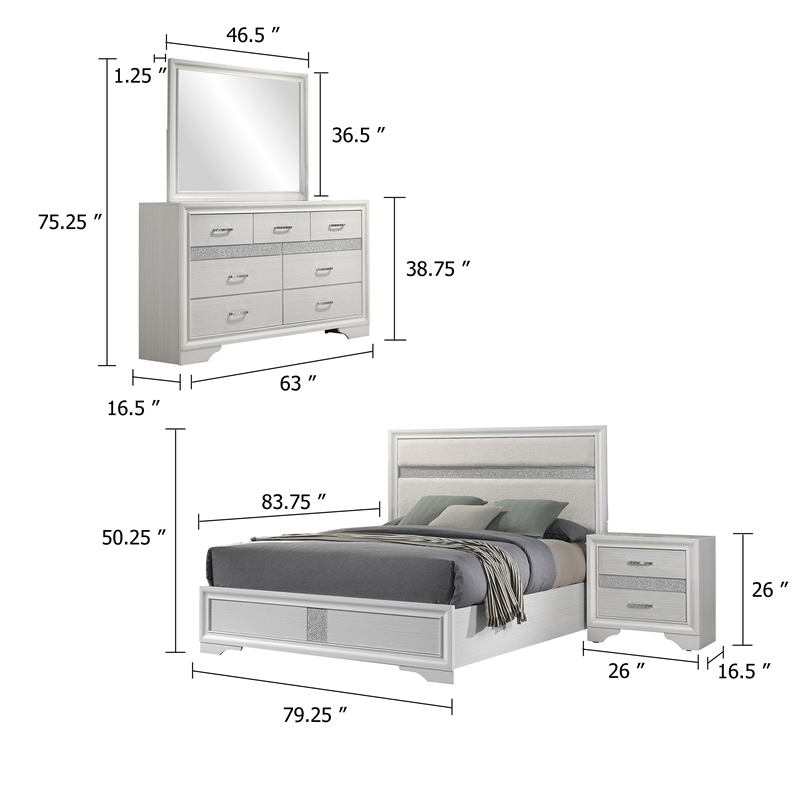Pemberly Row 4 Piece King Bedroom Set with Glitter Accent in White