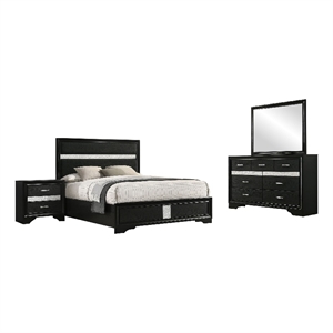 Pemberly Row 4 Piece Queen Bedroom Set with Glitter Accent in Black