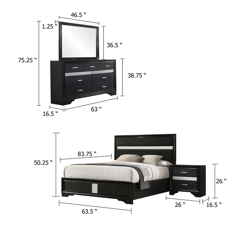 Pemberly Row 4 Piece Queen Bedroom Set with Glitter Accent in Black