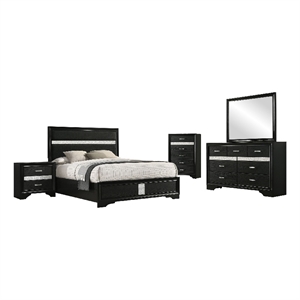 Pemberly Row 5 Piece Queen Bedroom Set with Glitter Accent in Black