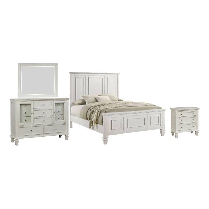 Pemberly Row 4 Piece King Panel Bedroom Set in Cream White Wood