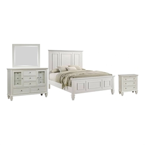 Pemberly Row 4 Piece King Panel Bedroom Set in Cream White Wood