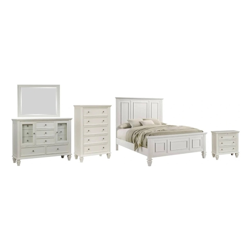 Pemberly Row 5 Piece King Panel Bedroom Set in Cream White Wood