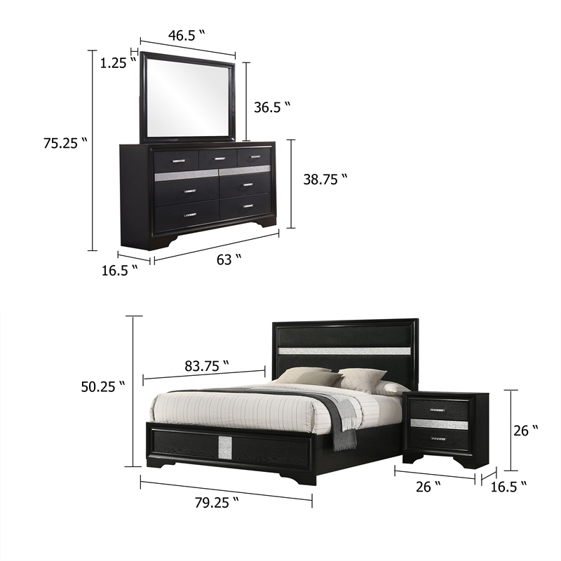 Pemberly Row 4 Piece King Bedroom Set with Glitter Accent in Black