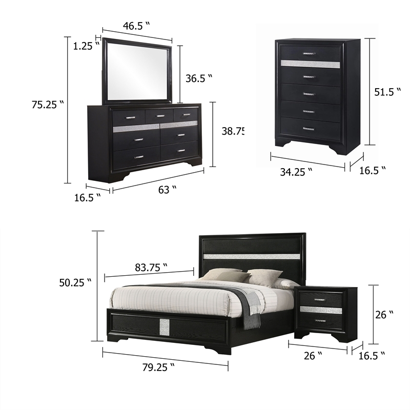 Pemberly Row 5 Piece King Bedroom Set with Glitter Accent in Black