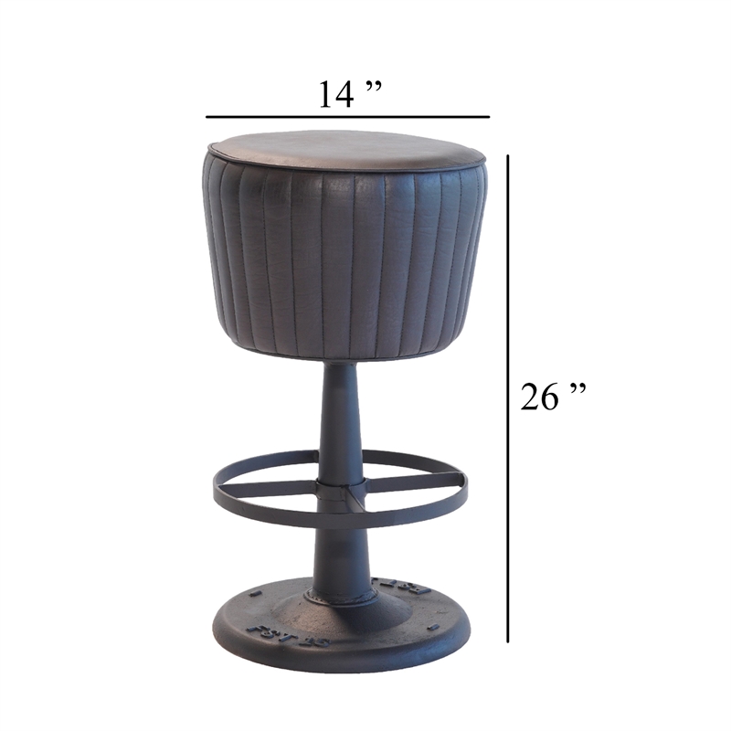 Pemberly Row Mushroom Counter Stool in Black Ribbed Leather with Iron Base