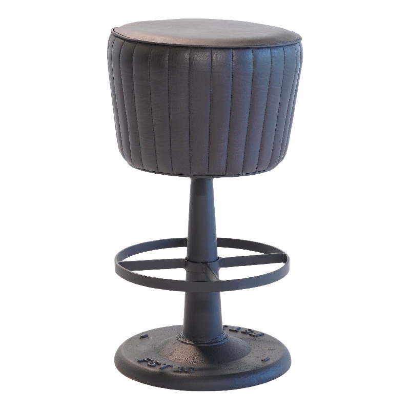 Pemberly Row Mushroom Counter Stool in Black Ribbed Leather with Iron Base