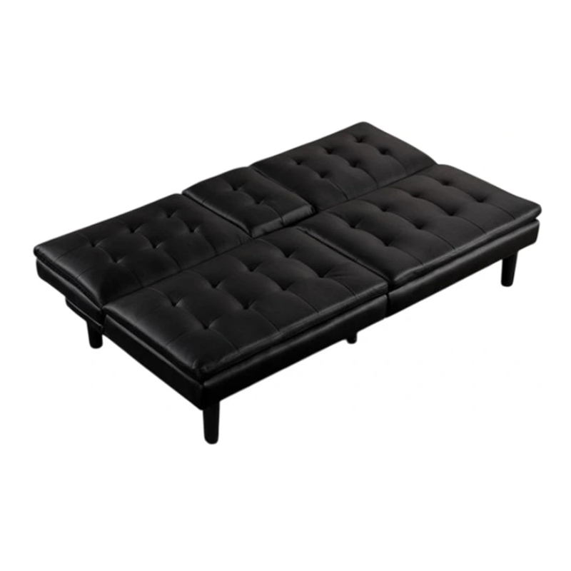Pemberly Row Futon Sofa Bed with Drop Down Tray in Black Faux Leather