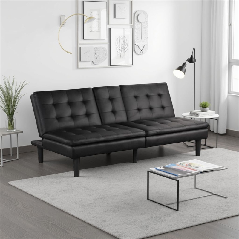 Pemberly Row Futon Sofa Bed with Drop Down Tray in Black Faux Leather