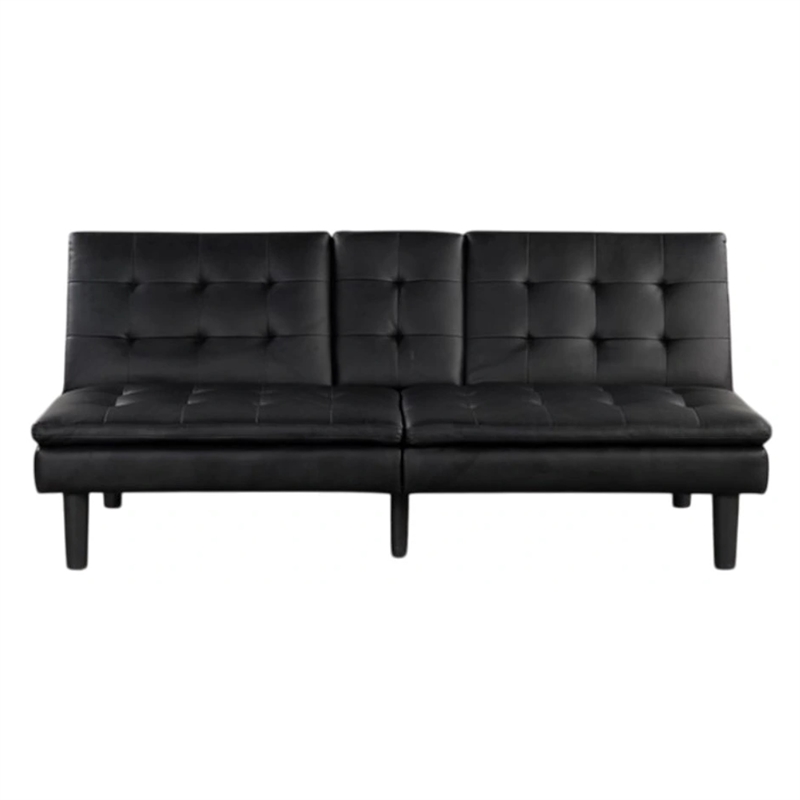 Pemberly Row Futon Sofa Bed with Drop Down Tray in Black Faux Leather
