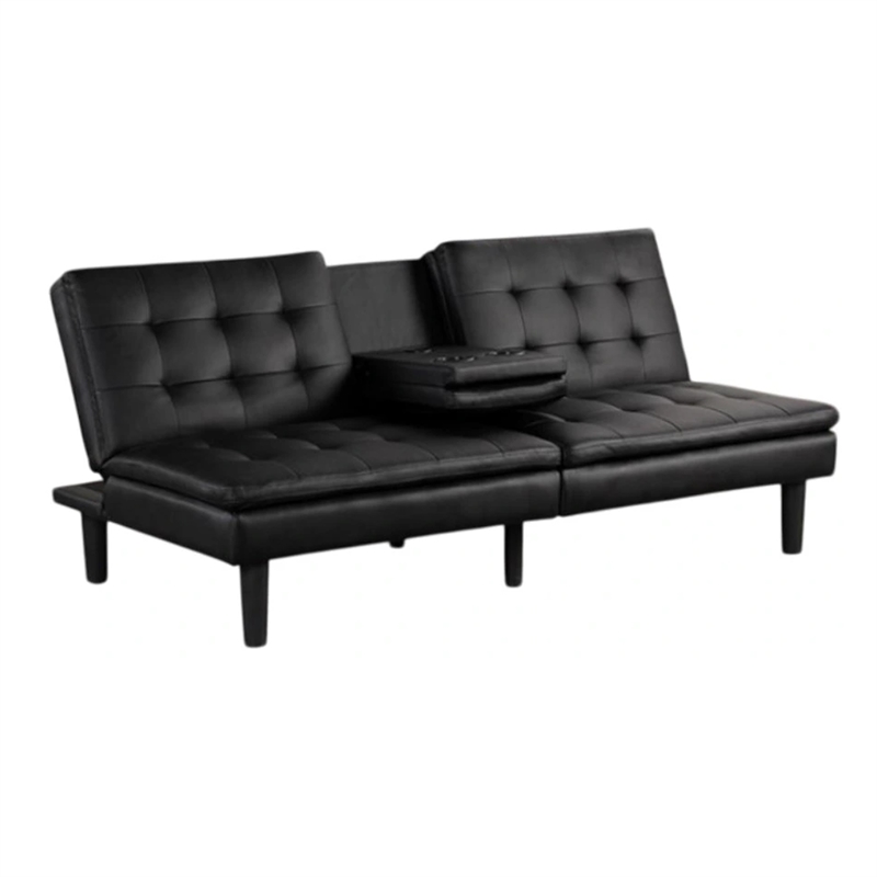 Pemberly Row Futon Sofa Bed with Drop Down Tray in Black Faux Leather