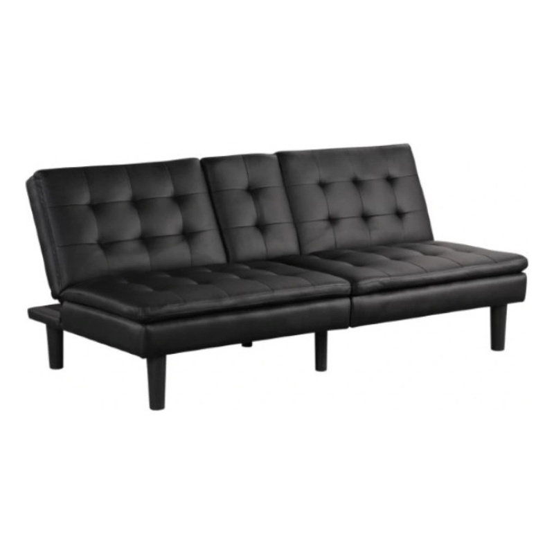 Pemberly Row Futon Sofa Bed with Drop Down Tray in Black Faux Leather