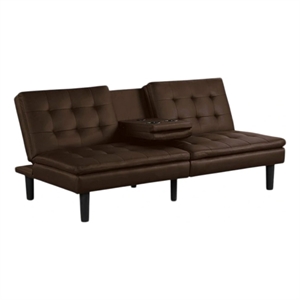 Pemberly Row Futon Sofa Bed with Drop Down Tray in Brown Faux Leather