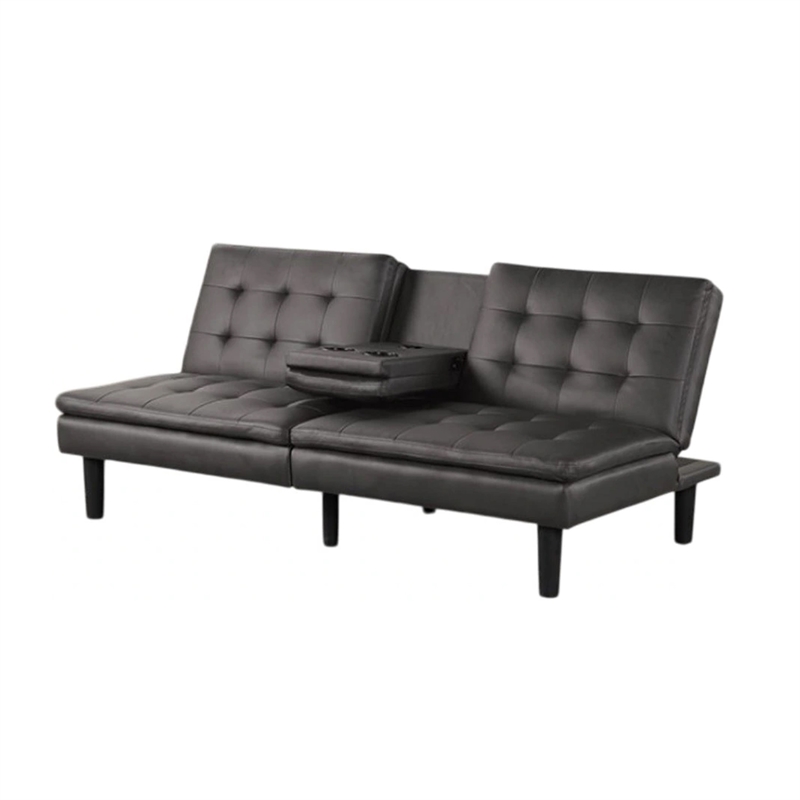 Pemberly Row Futon Sofa Bed with Drop Down Tray in Gray Faux Leather