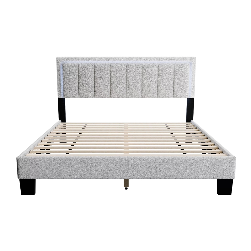 Pemberly Row Full Bed with LED Headboard in Light Gray Wool Fabric