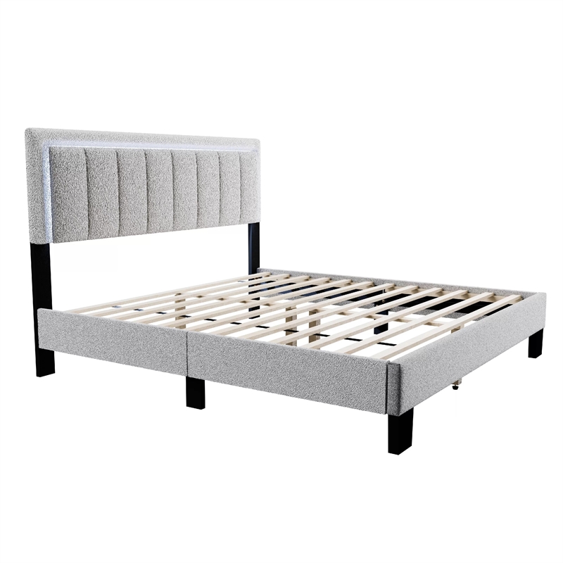 Pemberly Row Full Bed with LED Headboard in Light Gray Wool Fabric