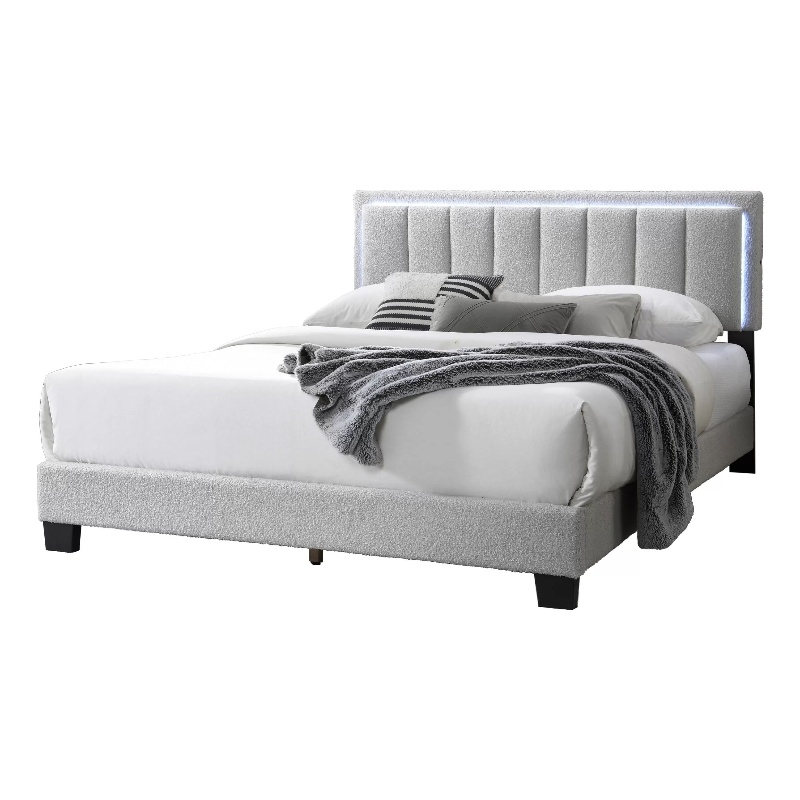 Pemberly Row Full Bed with LED Headboard in Light Gray Wool Fabric