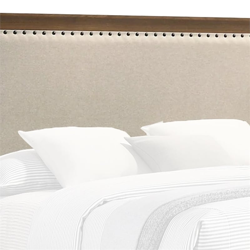 Pemberly Row Queen Bed with Nailhead Upholstered Headboard in Cherry Brown