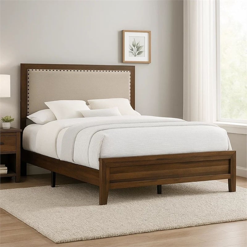 Pemberly Row Queen Bed with Nailhead Upholstered Headboard in Cherry Brown