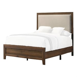 Pemberly Row Twin Bed with Nailhead Upholstered Headboard in Cherry Brown