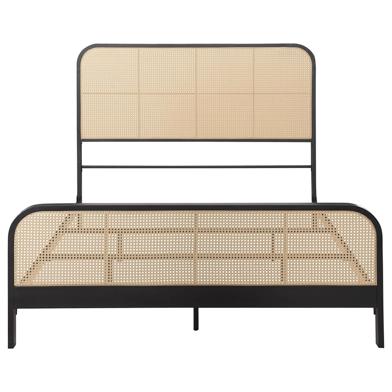 Pemberly Row King Bed with Open Cane Rattan Weave in Black Metal