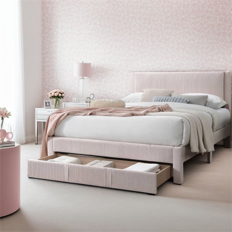 Pemberly Row Queen Bed with Storage Drawer in Light Pink Corduroy