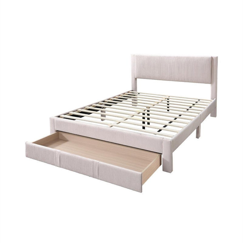 Pemberly Row Queen Bed with Storage Drawer in Light Pink Corduroy