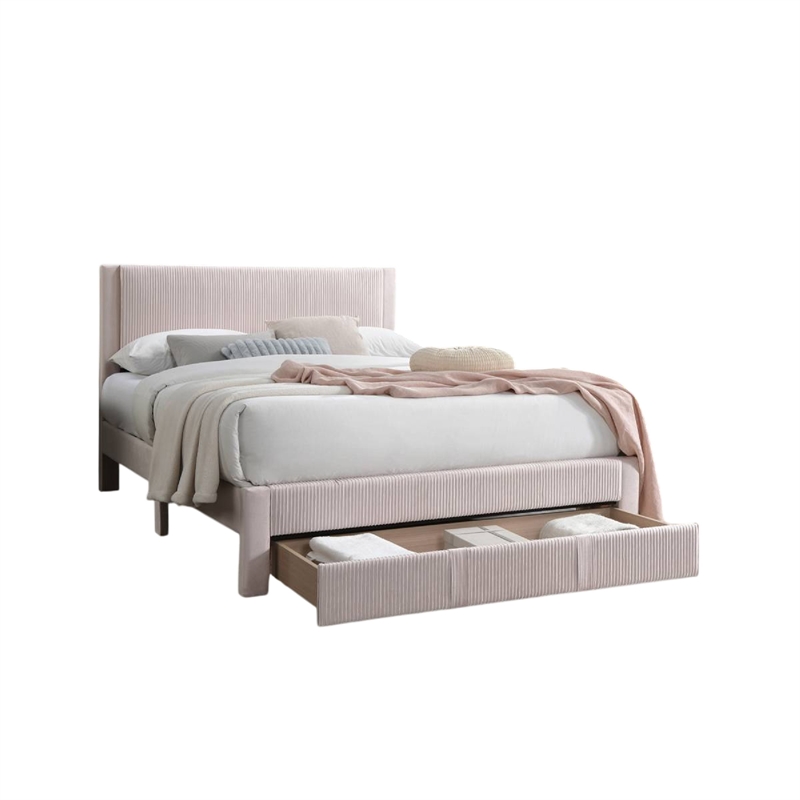 Pemberly Row Queen Bed with Storage Drawer in Light Pink Corduroy