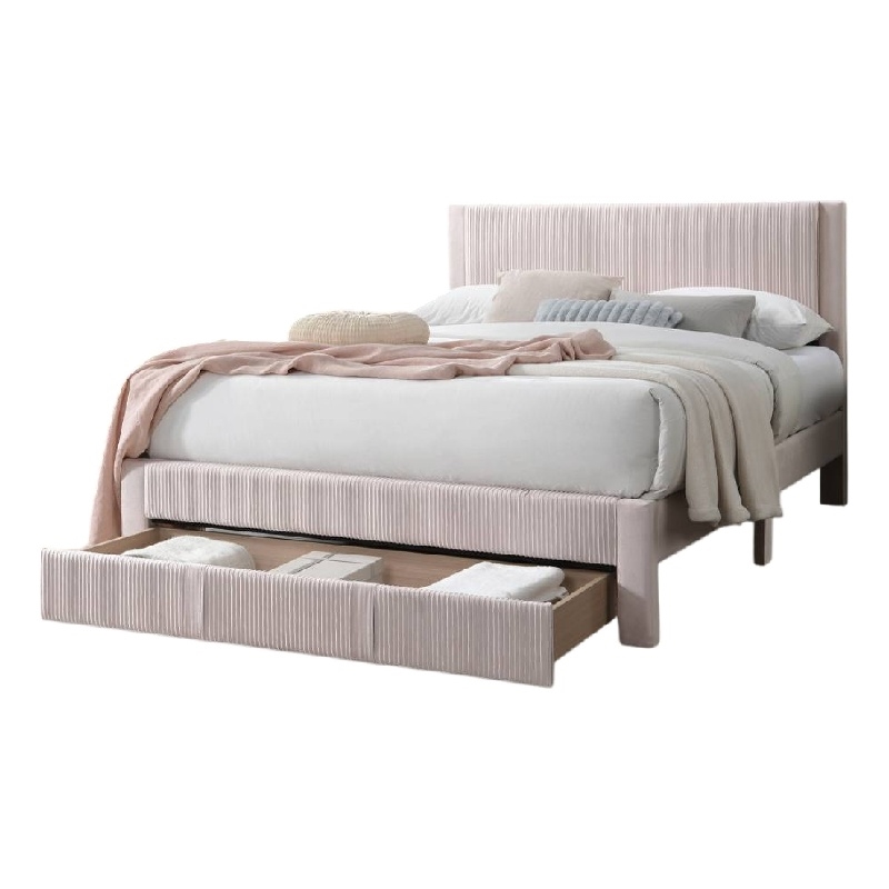Pemberly Row Queen Bed with Storage Drawer in Light Pink Corduroy